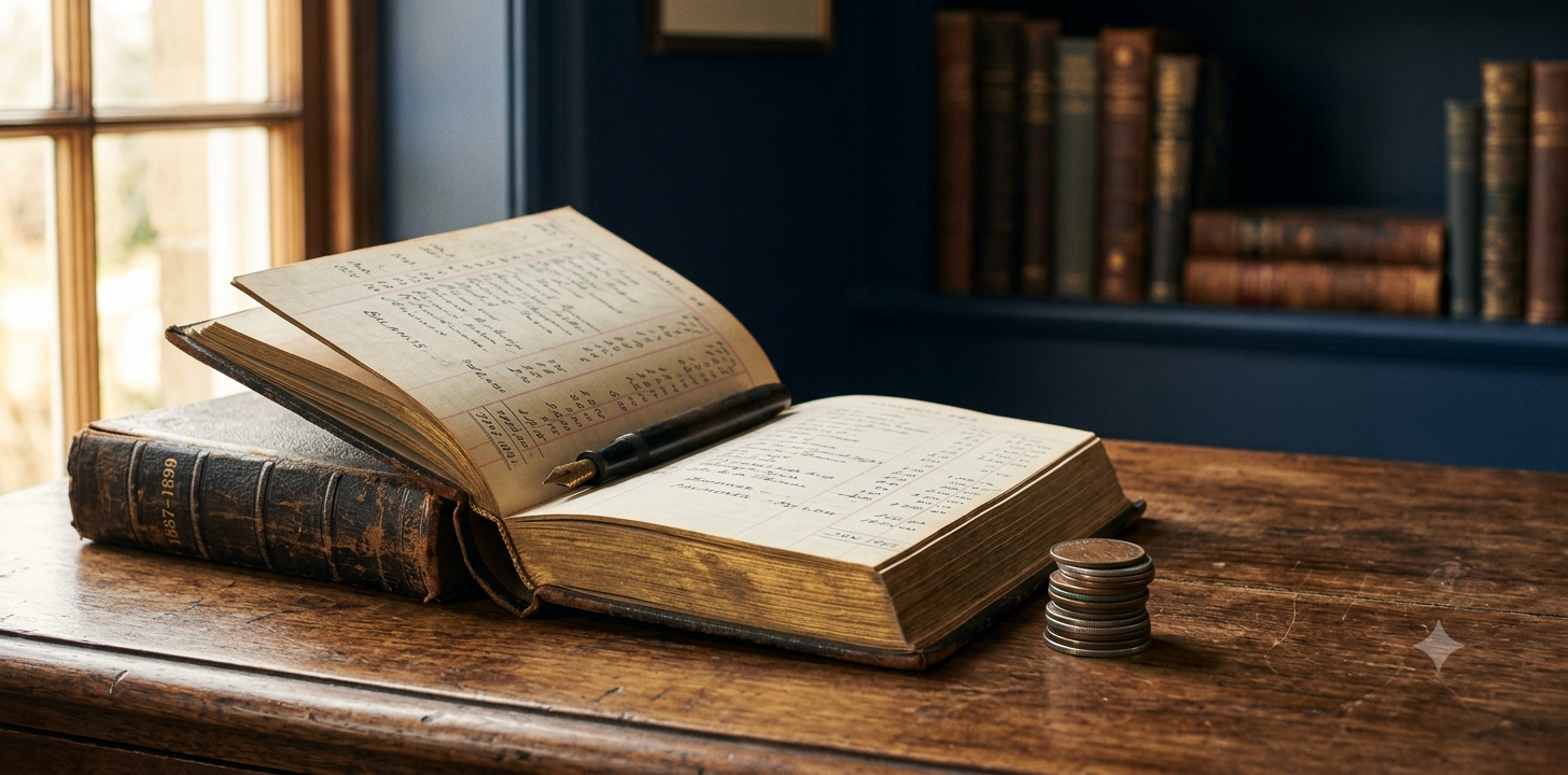 Antique ledger, fountain pen, and coins on a desk illustrating Roth conversion taxes and a charitable giving strategy.