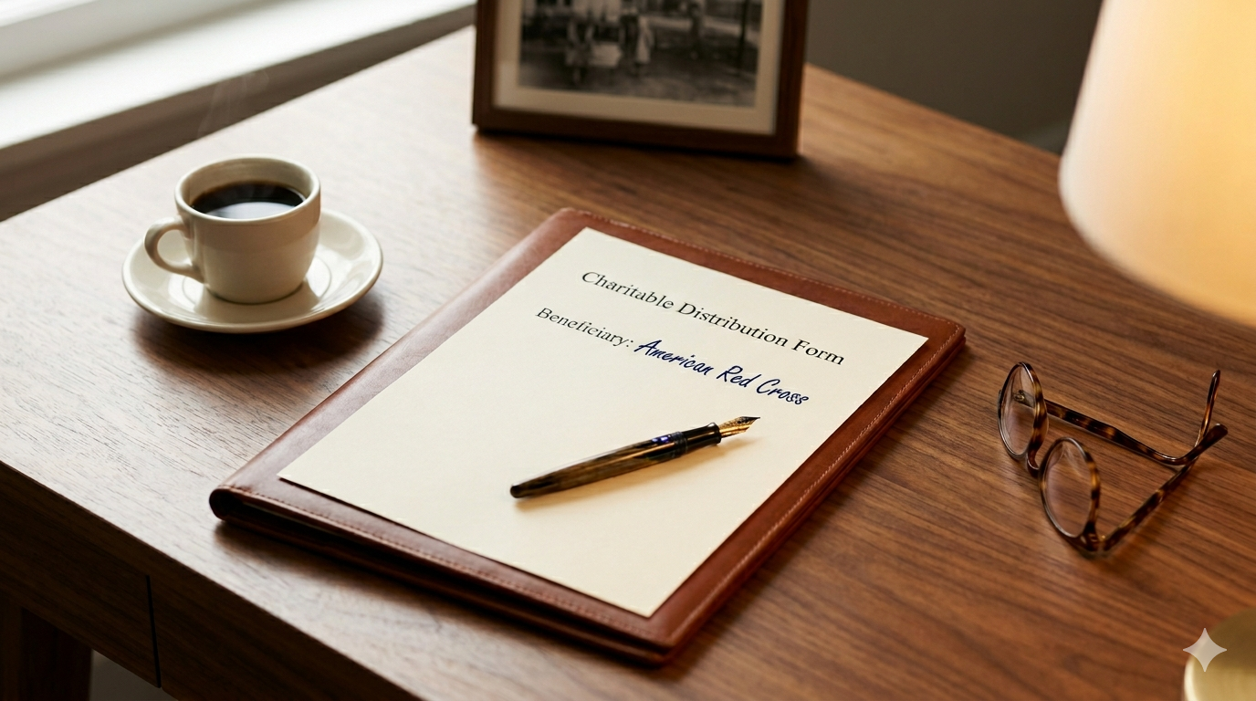 A retiree's writing desk with a charitable distribution form, fountain pen, and reading glasses — illustrating deliberate giving from an IRA in 2026.
