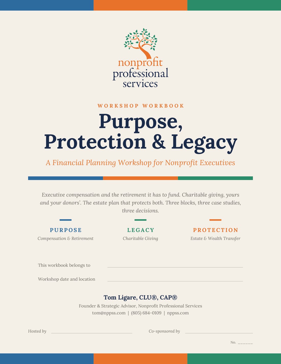 Cover of the Purpose, Protection & Legacy workshop workbook by Tom Ligare, Nonprofit Professional Services